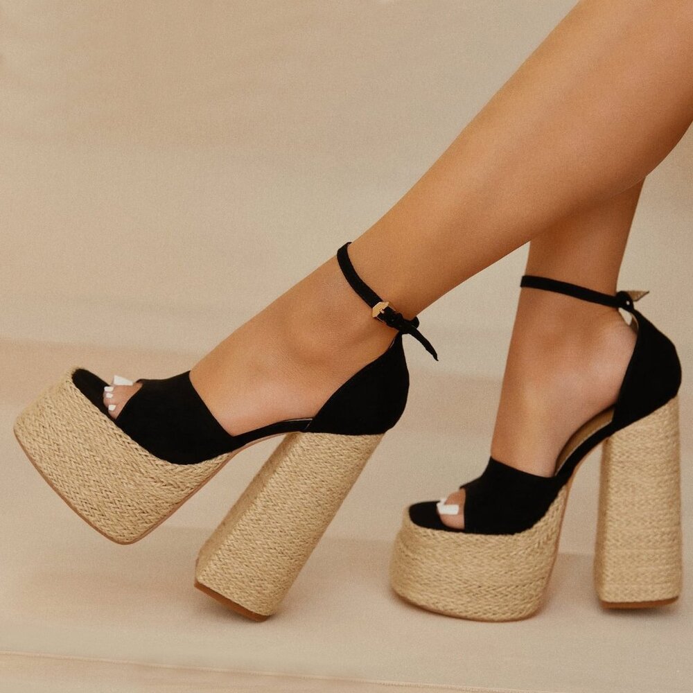 NEW🔥 Black Open Toe Raffia Double Platform Chunky Block Heel Sandal Ankle Strap